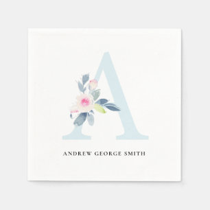 SOFT BLUSH BLUE WHITE FLORAL ALPHABETS LETTER A NAPKIN