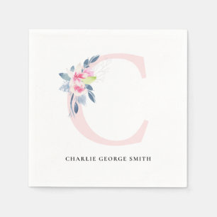 SOFT BLUSH BLUE WHITE FLORAL ALPHABETS LETTER C NAPKIN