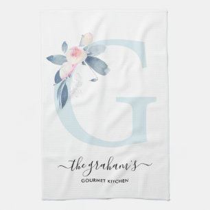 SOFT BLUSH BLUE WHITE FLORAL ALPHABETS LETTER G TEA TOWEL