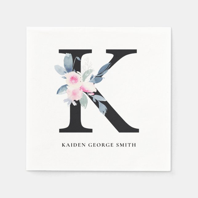 SOFT BLUSH BLUE WHITE FLORAL ALPHABETS LETTER K NAPKIN (Front)