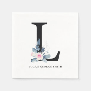 SOFT BLUSH BLUE WHITE FLORAL ALPHABETS LETTER L NAPKIN