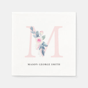 SOFT BLUSH BLUE WHITE FLORAL ALPHABETS LETTER M NAPKIN