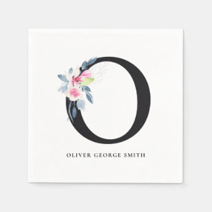 SOFT BLUSH BLUE WHITE FLORAL ALPHABETS LETTER O NAPKIN