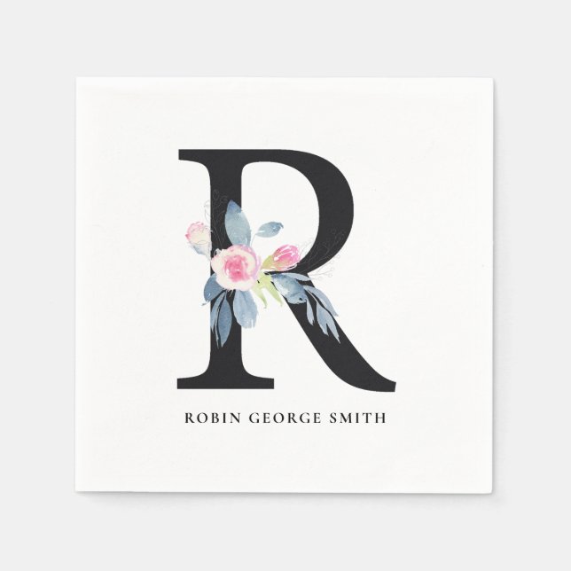 SOFT BLUSH BLUE WHITE FLORAL ALPHABETS LETTER R NAPKIN (Front)