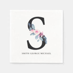 SOFT BLUSH BLUE WHITE FLORAL ALPHABETS LETTER S NAPKIN