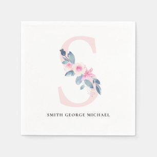 SOFT BLUSH BLUE WHITE FLORAL ALPHABETS LETTER S NAPKIN