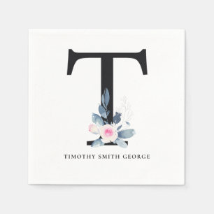 SOFT BLUSH BLUE WHITE FLORAL ALPHABETS LETTER T NAPKIN