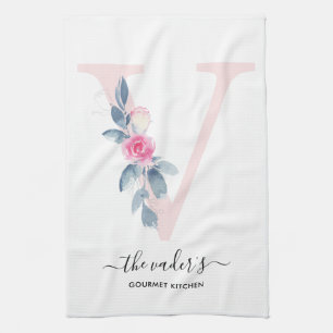 SOFT BLUSH BLUE WHITE FLORAL ALPHABETS LETTER V TEA TOWEL