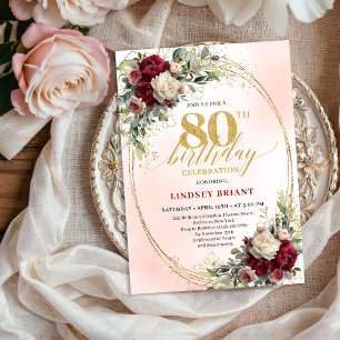 Soft Blush Boho Floral 80th Birthday Party Invite