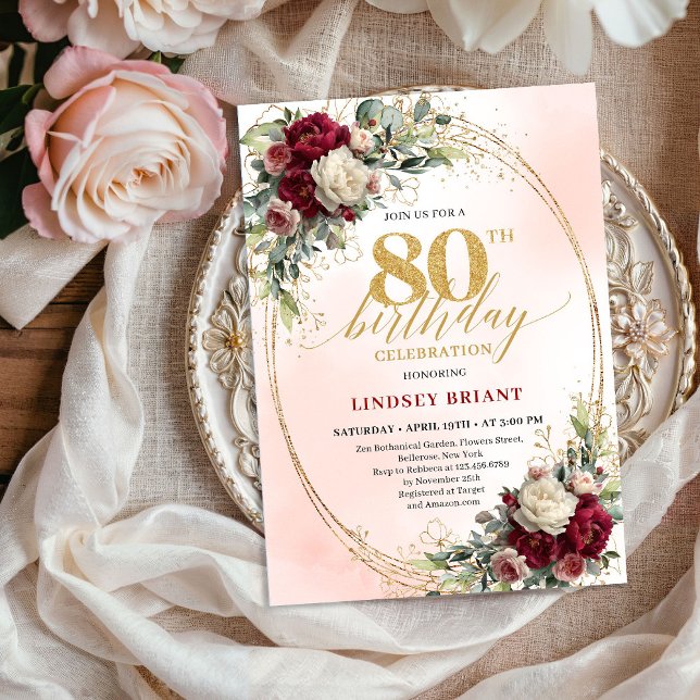 Soft Blush Boho Floral 80th Birthday Party Invite (Soft Blush Boho Floral 80th Birthday Party Invitation)