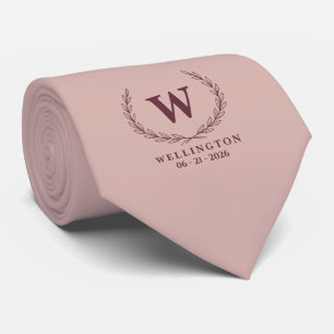 Soft Blush Burgundy Laurel Monogram Wedding Date Tie