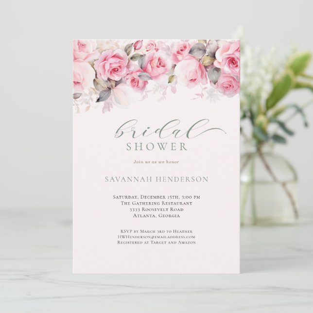 Soft Blush Floral Bridal Shower Editable  Invitation (Standing Front)