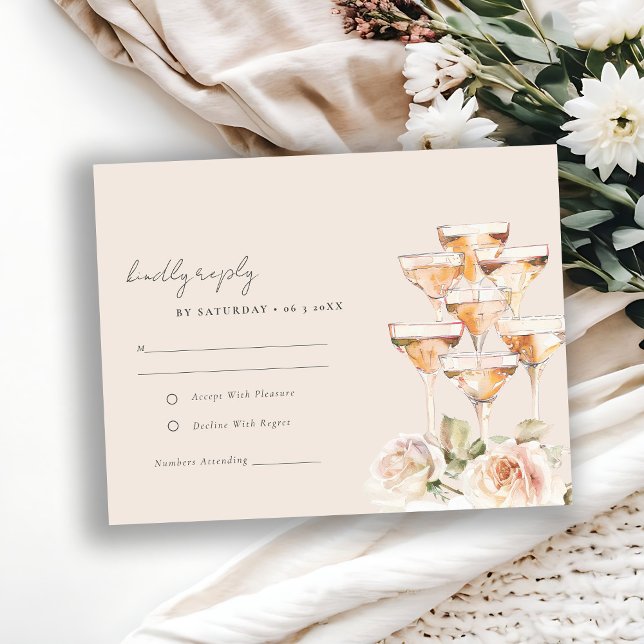 Soft Blush Floral Champagne Wine Glasses Wedding RSVP Card (Creator Uploaded)