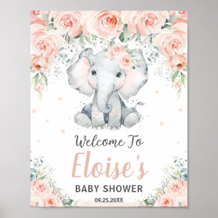 Soft Blush Floral Elephant Baby Shower Welcome Poster