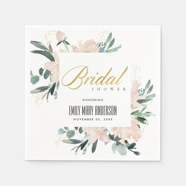 SOFT BLUSH FLORAL FRAME WATERCOLOR BRIDAL SHOWER NAPKIN (Front)