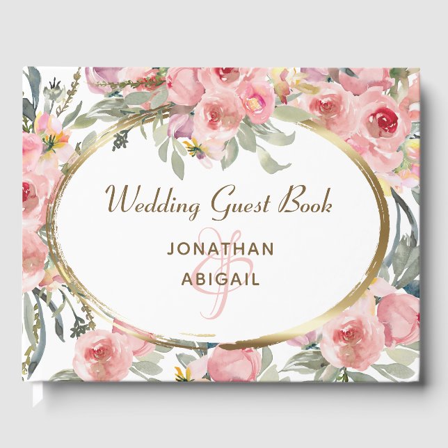Soft Blush Floral Gold Frame Christian Wedding Guest Book (Front)