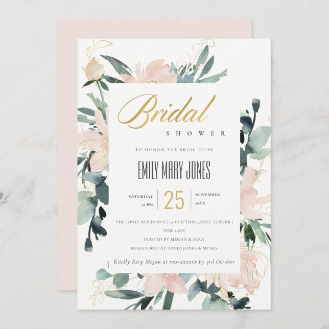 SOFT BLUSH FLORAL GOLD WATERCOLOR BRIDAL SHOWER INVITATION (Front/Back)