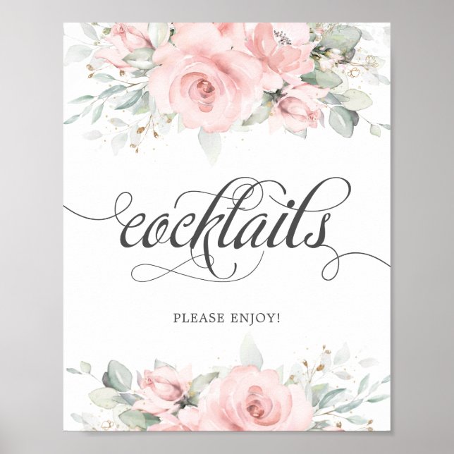 Soft Blush Floral Greenery Wedding Cocktails Drink Poster (Front)