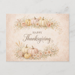 Soft Blush Floral Happy Thanksgiving Pumpkin Holiday Postcard