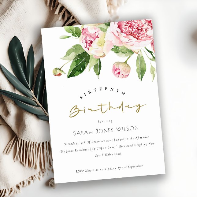Soft Blush Floral Peony Any Age Sweet 16 Birthday Invitation (Creator Uploaded)