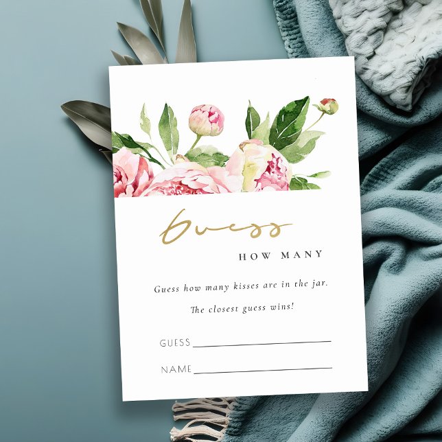 Soft Blush Floral Peony Guess How Many Kisses Card (Creator Uploaded)
