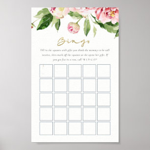 Soft Blush Floral Peony Watercolor Bingo Game  Poster