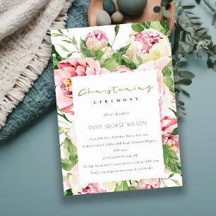 Soft Blush Floral Peony Watercolor Christening Invitation