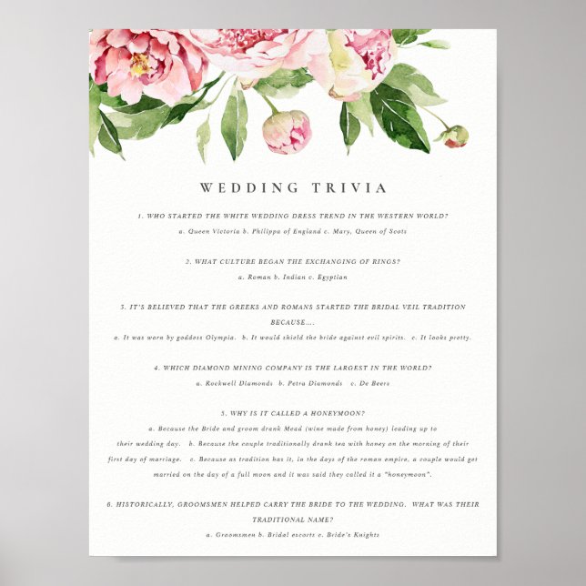 Soft Blush Floral Peony Wedding Trivia Game Part 1 Poster (Front)