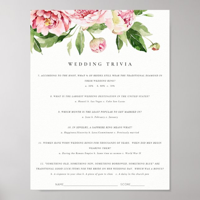 Soft Blush Floral Peony Wedding Trivia Game Part 2 Poster (Front)