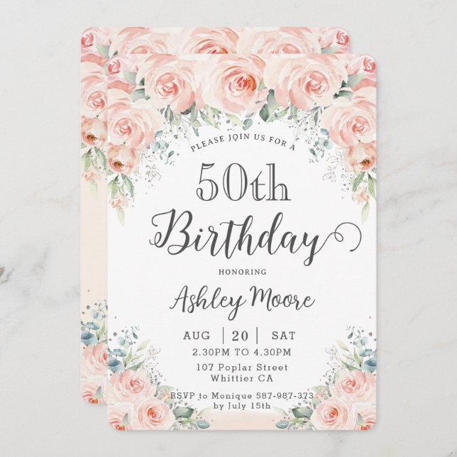 Soft Blush Floral Roses Greenery 50th Birthday Invitation (Front/Back)