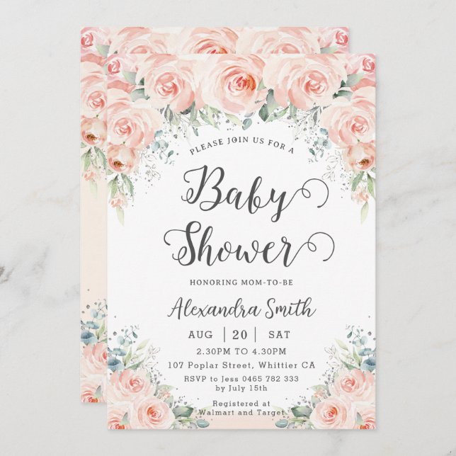 Soft Blush Floral Roses Greenery Baby Shower  Invitation (Front/Back)