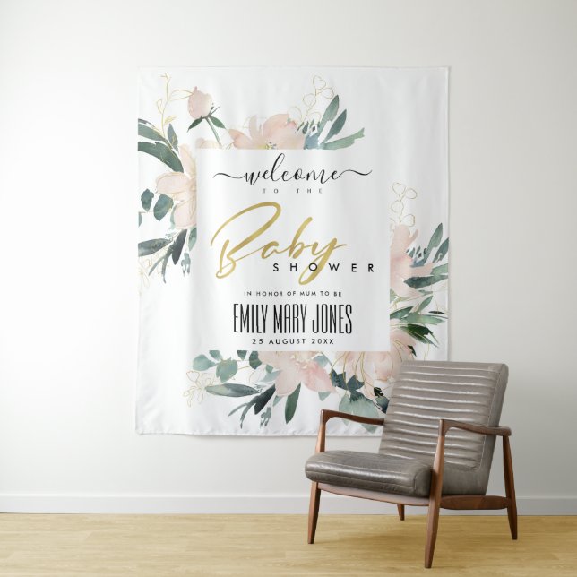 SOFT BLUSH FLORAL WATERCOLOR BABY SHOWER WELCOME TAPESTRY (In Situ)