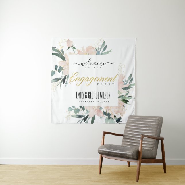 SOFT BLUSH FLORAL WATERCOLOR ENGAGEMENT WELCOME TAPESTRY (In Situ)