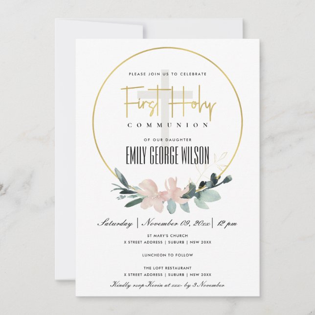 SOFT BLUSH FLORAL WATERCOLOR FIRST HOLY COMMUNION INVITATION (Front)