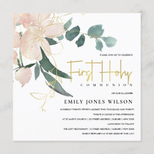 SOFT BLUSH FLORAL WATERCOLOR FIRST HOLY COMMUNION INVITATION