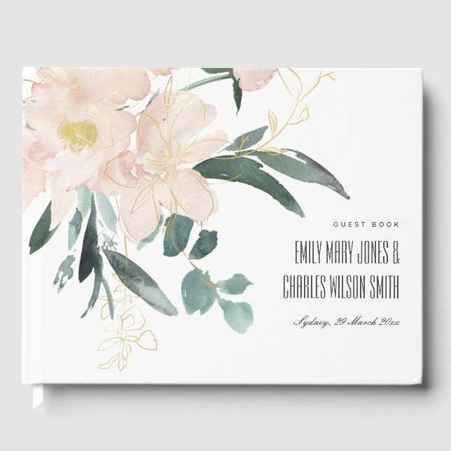 SOFT BLUSH GOLD BUNCH FRAME WATERCOLOR WEDDING GUEST BOOK (Front)