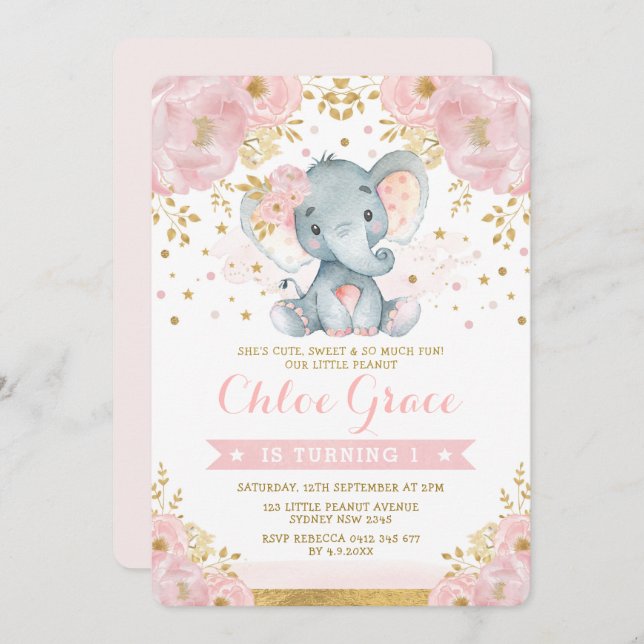Soft Blush Gold Elephant 1st Birthday Chic Floral Invitation (Front/Back)