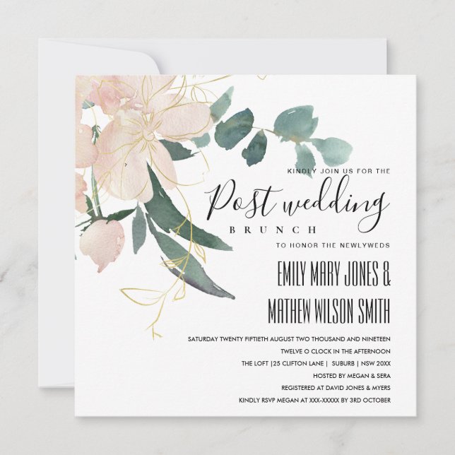 SOFT BLUSH GOLD FLORAL BUNCH POST WEDDING BRUNCH INVITATION (Front)