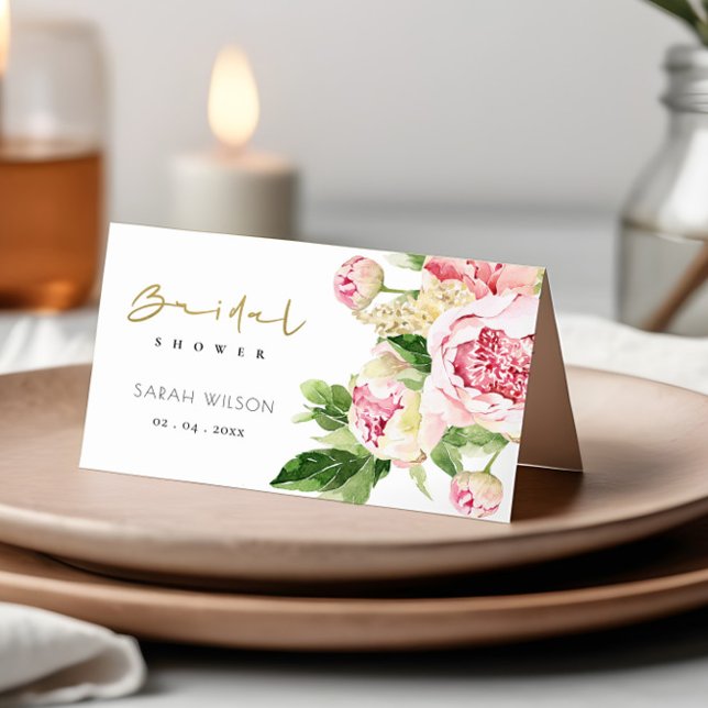 Soft Blush Green Peony Floral Bridal Shower Place Card (Creator Uploaded)