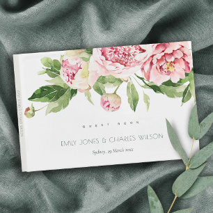 SOFT BLUSH GREEN PEONY FLORAL WATERCOLOR WEDDING GUEST BOOK