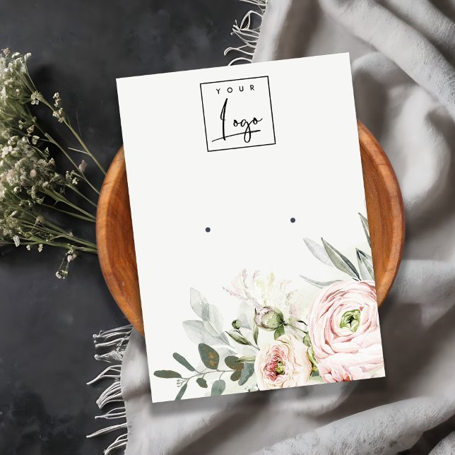 Soft Blush Green Peony Foliage Logo Earring Holder Business Card (Creator Uploaded)