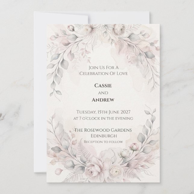 Soft Blush Grey Botanical Wedding Invitation (Front)