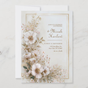 Soft Blush Ivory Gold Frame Airy Bloom Wedding Invitation