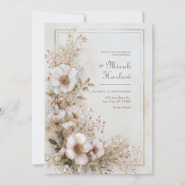 Soft Blush Ivory Gold Frame Airy Bloom Wedding Invitation (Front)