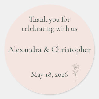 Soft Blush Lily Personalised Wedding Thank You Classic Round Sticker