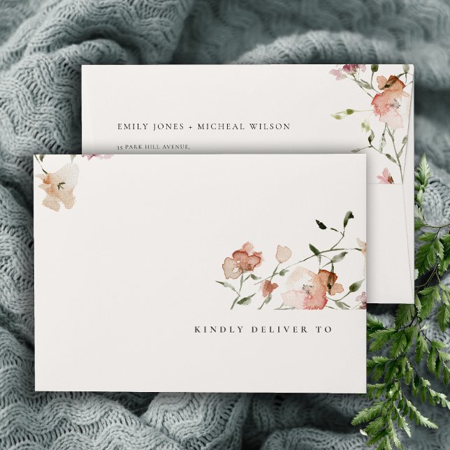 Soft Blush Meadow Floral Watercolor Wreath Wedding Envelope (Creator Uploaded)