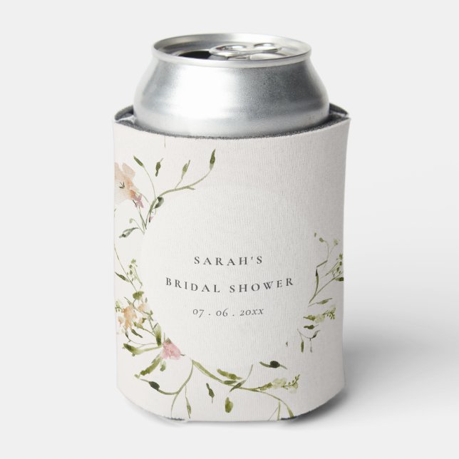 Soft Blush Meadow Floral Wreath Bridal Shower Can Cooler (Can Front)