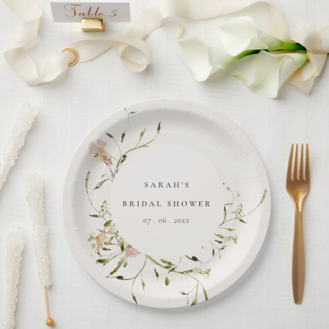 Soft Blush Meadow Floral Wreath Bridal Shower Paper Plate (Wedding)