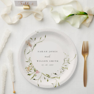 Soft Blush Meadow Watercolor Floral Wreath Wedding Paper Plate