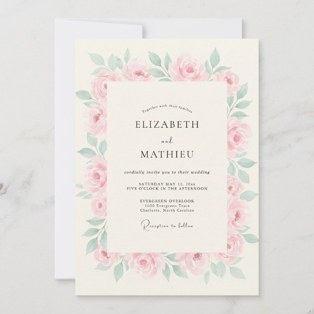 Soft Blush Minty Peony Wedding Invitation (Front)